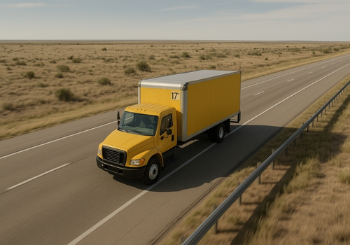 Moving truck driving on highway.